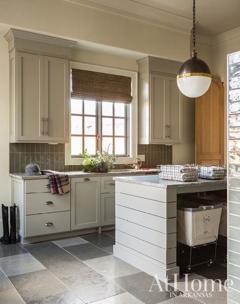 Laundry Room Island, Gray Shiplap, Custom Dog Houses, Kitchen Country, Limestone Flooring, Patterned Floor Tiles, White Cabinetry, Laundry Room Design, House Kitchen