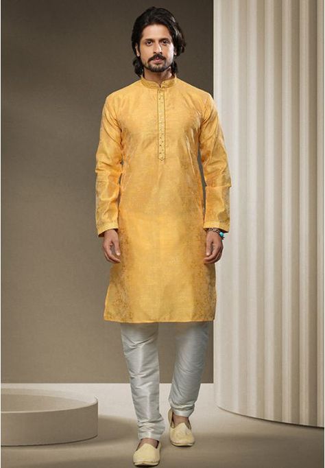 Yellow Jacquard Silk Brocade Kurta Set Eid Kurta, Wedding Dress Indian, Brocade Kurta, Diwali Puja, Mens Indian Wear, Kurta Pyjama, Indian Kurta, Kurta Dress, Utsav Fashion