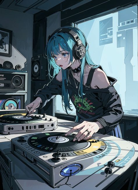 Dj Drawing Reference, Dj Reference Pose, Dj Pose Reference, Cyberpunk Miku, Musician Character Design, Dj Character Design, Dj Sketch, Anime Musician, Dj Character