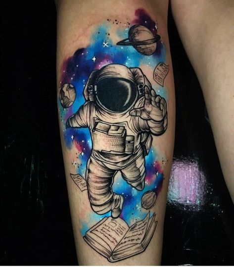 Watercolor Astronaut Tattoo, Astronaut Tattoo Color, Colorful Space Tattoo, Space Tattoo Color, Space Man Tattoo, Cosmonaut Tattoo, Astronaut Tattoo Design, Space Tattoo Designs, Outer Space Tattoos