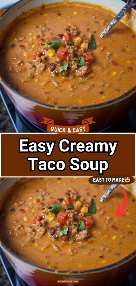 Everyone will lick their bowls with this creamy taco soup recipe that has ground beef, beans, corn, and the perfect taco spice blend! Creamy Beef Taco Soup Recipe, Creamy Taco Soup Recipe Crockpot, Easy Creamy Taco Soup, Creamy Taco Soup Recipe, Creamy Beef Taco Soup, Ground Beef Soup Recipes, Healthy Taco Soup, Shabbat Dinner Recipes, Taco Soup Recipe Crockpot