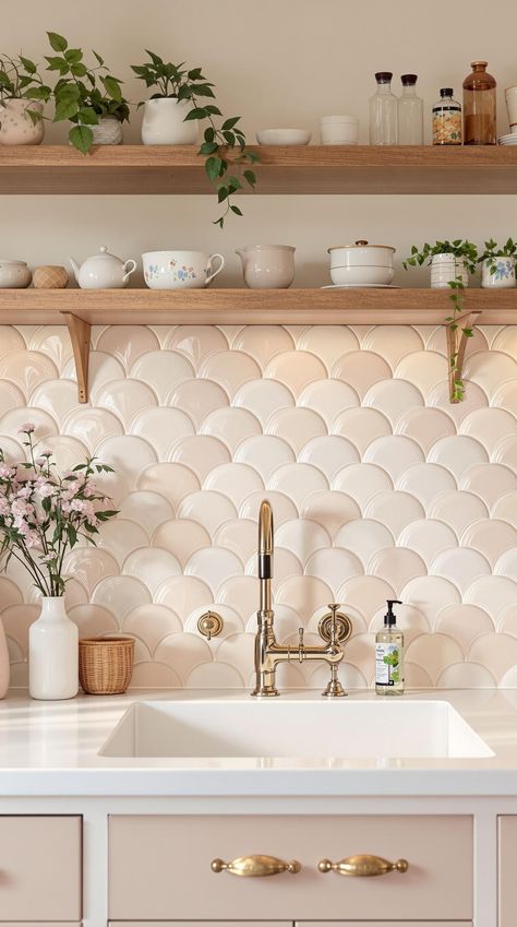 backsplash kitchen ideas Shell Tiles Kitchen, Fish Scale Tile Kitchen, Marble Backsplash Ideas, Scalloped Tile, Spanish Tile Backsplash, Vintage Tin Tiles, Backsplash Kitchen Ideas, Scale Tile, Kitchen Tile Backsplash