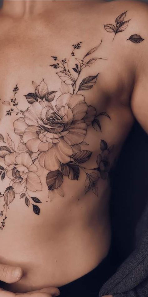 Chest Tattoo Flowers, Mastectomy Scar Tattoo, Botanical Tattoo Design, Black And White Flower Tattoo, Mastectomy Tattoo, Tattoos To Cover Scars, Scar Tattoo, Flower Tattoo Back, Wicked Tattoos