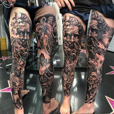 Greek Mythology Tattoos Leg Sleeve Ideas, Greek God Leg Sleeve, Greek Leg Sleeve, Greek Mythology Leg Sleeve, Tattoo Warrior, Tattoo Perna, Tattoo Pierna, Greek God Tattoo, Gladiator Tattoo