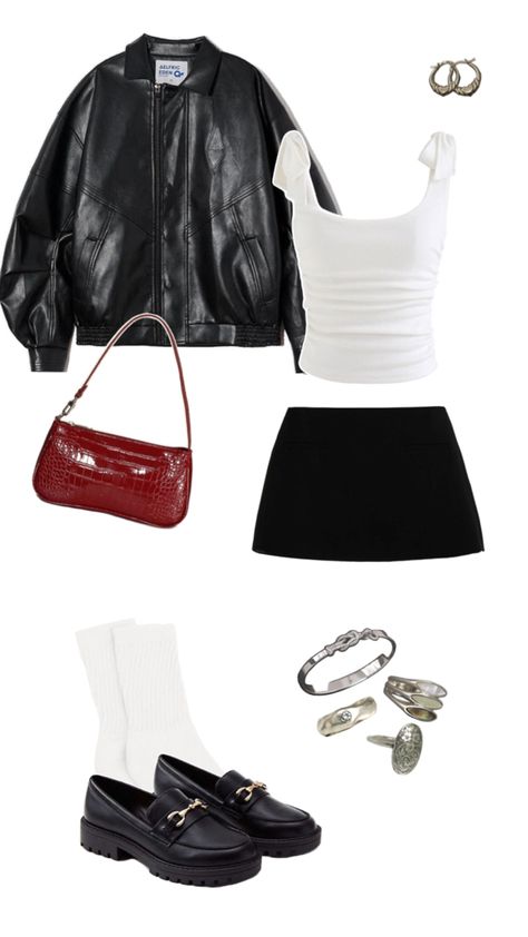 White tank with black skirt white socks with black lover. Silver chunky jewelry. White Socks And Loafers, White And Red Outfit, Socks And Loafers, Red Loafers, Going Out Outfit, Red Handbag, Chunky Jewelry, White Socks, Red Outfit