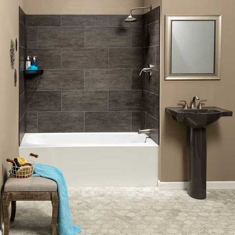 Palisade tub and shower kits are the quick, easy way to transform your bathroom, containing everything you need for a typical install! Shower Door Remodel, Shower Redo, Slate Bathroom Tile, Door Remodel, Slate Bathroom, Osb Plywood, Tub Enclosures, Pvc Panels, Large Format Tile