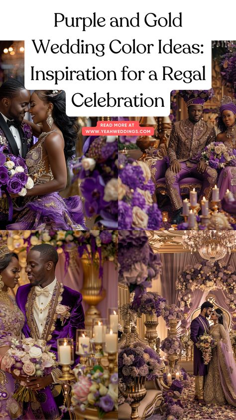 A stunning wedding couple in full body, surrounded by elegant purple and gold decor, showcasing the regal theme of their celebration with matching flowers and attire. Purple Black And Copper Wedding, Purple Wedding Theme Color Combinations, Purple And Gold Wedding Decorations, Royal Purple And Gold Wedding, Purple And Gold Wedding Theme, Color Schemes Purple, Dark Purple Wedding Theme, Plum And Gold Wedding, Purple Gold Wedding