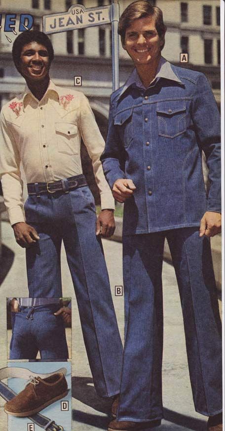 Men's denim suits from a 1975 catalog. #1970s #fashion http://www.retrowaste.com/1970s/fashion-in-the-1970s/1970s-fashion-for-men-boys/ 1970s Mens Fashion, 70s Fashion Men, 1970 Fashion, Fashion Decades, Men's Denim Style, 70s Denim, 70s Men, 70s Clothing, Fashion 1970s