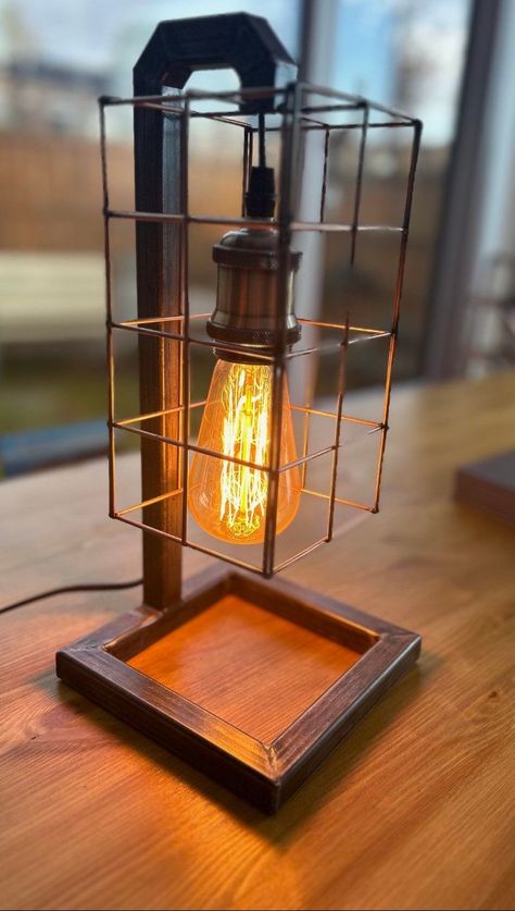 Industrial Design Lamp, Steel Design Ideas, Industrial Lamp Design, Modern Steel Gate Design, Industrial Lighting Design, Wood Lamp Design, Unique Table Lamp, Copper Lamp, Steel Gate Design