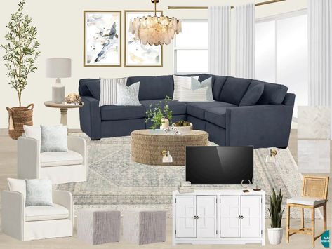 Coastal Living Rooms With Dark Grey Couches, Coastal Modern Living Room Black, Masculine Coastal Living Room, Grey Couch Coastal Living Room, Coastal Grey Living Room, Coastal Leather Couch, Coastal Living Room Blue Couch, Modern Coastal Color Palette, Jenna Pierce Home Decor