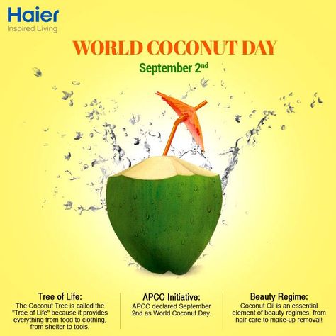 The inter-governmental organisation of 18-member countries - Asian and Pacific Coconut Community (APCC) declared September 2nd as World Coconut Day to spread awareness about the intrinsic value of Coconut production. World Coconut Day, Coconut Water Benefits, Natural Energy Drinks, Free Diet Plans, Inflammatory Recipes, 2 September, Coconut Health Benefits, Cell Growth, Beauty Regime