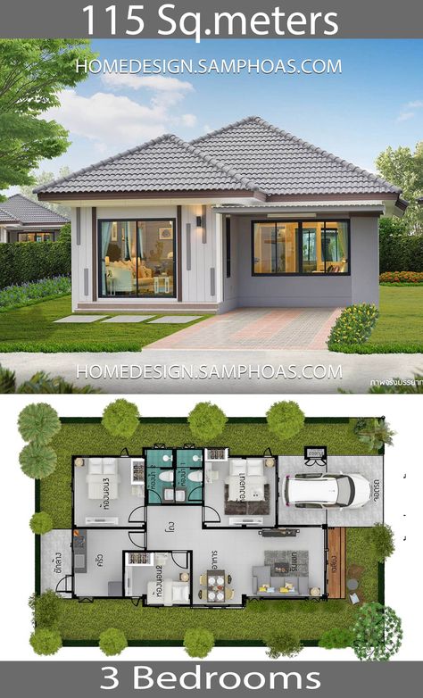 115 Sqm 3 Bedrooms Home Design Idea - Home Ideas Three Bedroom House Plan, Two Story House, House Plans 3 Bedroom, Modern Bungalow House, Three Bedroom House, Simple House Design, House Plan Gallery, Simple House Plans, Small House Design Plans