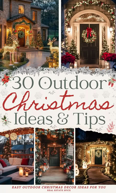 says 30 outdoor christmas ideas and tips with 5 images of outdoor christmas decorating ideas with front porch home walkway  deck snowmen reindeer christmas wreaths garlands twinkle lights below says easy outdoor christmas decor ideas for you Christmas Ideas Wishlist, Christmas Outdoor Decorations Ideas, Holiday Outdoor Decorations, Outdoor Christmas Ideas, Outdoor Decorations Ideas, Outdoor Christmas Lights Ideas, Exterior Christmas Lights, Christmas Outdoor Decorations, Christmas Lights Ideas