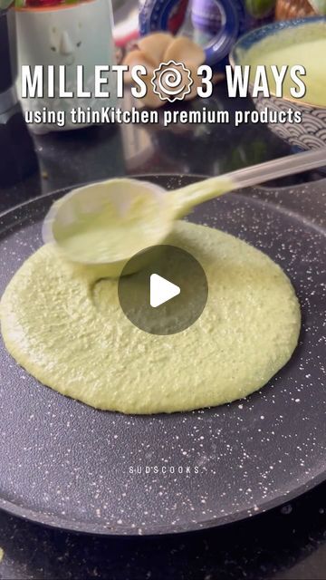 Sudha - Suds cooks on Instagram: "Preparing Millets 3 ways using thinKitchen premium international products 🍽️ 1)Pearl Millet moong pesarattu dosa by soaking 1/2 cup bajra (pearl millets) and 1 cup whole moong for 4-5 hours then grinding with a handful spinach leaves, fresh coriander, 1/2 teaspoon ginger & 2 green chilies. No fermentation needed, make dosa right away. Served with beetroot sambar, a recipe shared recently.1 2)Finger Millet Smoothie🍹 (Ragi/ Nachni) - In a pan cook 2 tablespoons ragi flour & 1/4 cup water until a sticky dough is formed within a minute. Add that to a blender with 1 banana, soaked almonds, soft dates, 1 tablespoon chia seeds (I soaked in a little water for 10 minutes) and 1 cup milk of choice. You can also add Peanut butter if you like. 3)Foxtail Millet Paya Pearl Millet Recipes, Pesarattu Dosa, Millet Dosa Recipe, Millet Recipes Indian, Foxtail Millet Recipes, Millets Recipes Indian, Pearl Millet, Soaked Almonds, Chopping Board Set