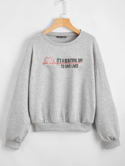 Drop Shoulder Slogan Graphic Pullover | SHEIN USA Greys Anatomy Sweatshirt, Tops Shein, Graphic Pullover, Women Sweatshirts, Branded Sweatshirts, Shein Tops, Shein Style, Pullover Sweatshirts, Women Pullover