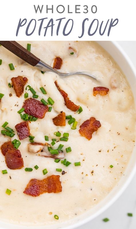 This Whole30 potato soup is creamy and filling, loaded with bacon and chives, and easy to make! Perfect to satisfy that craving for a homey soup in fall and winter. Gluten free and dairy free. #whole30 #soup #dairyfree #bacon Whole 30 Potato Soup, Whole 30 Baked Potato, Whole 30 Potatoes, Whole30 Soup, Whole 30 Soup, Whole30 Soup Recipes, Clean Eating Vegetarian Recipes, Potato Bacon Soup, Clean Eating Vegetarian