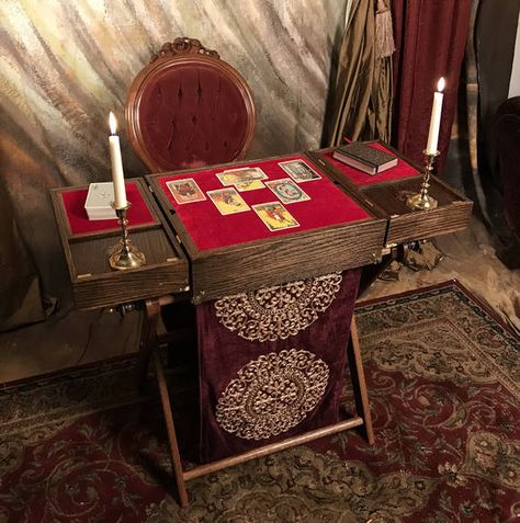 This amazing Folding Tarot Table and Stand is just the thing you have been waiting for! Imagine the effect this incredible table will have on your clients and venues. Now a table like this can be yours!! The box is designed specifically for the travelling Tarot reader and for anyone Card Room Decor, Tarot Decor, Tarot Table, Card Room, Reading Table, Tarot Reader, Home Room Decor, Zebra Stripes, Tarot Readers