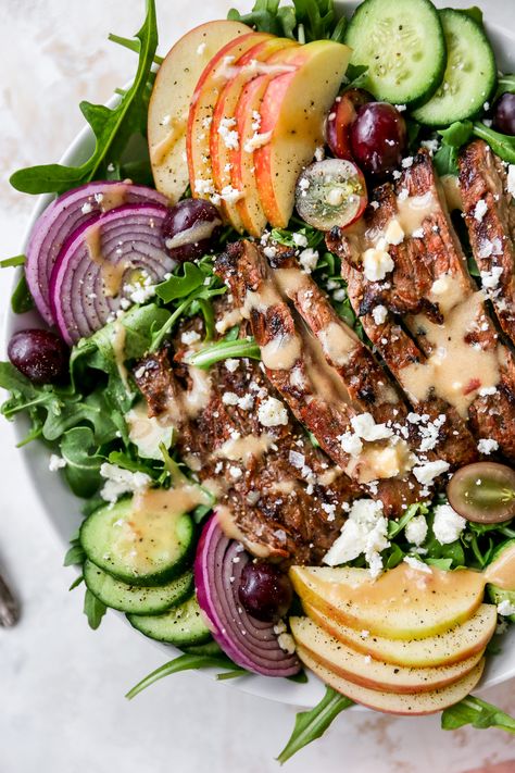 Marinated Skirt Steak Salad with Grapes, Apples, & Feta Fall Steak Salad, Skirt Steak Salad, Steak Salads, Marinated Skirt Steak, Salad With Grapes, Skirt Steak Recipes, Autumn Salad Recipes, Adult Lunches, Grape Salad