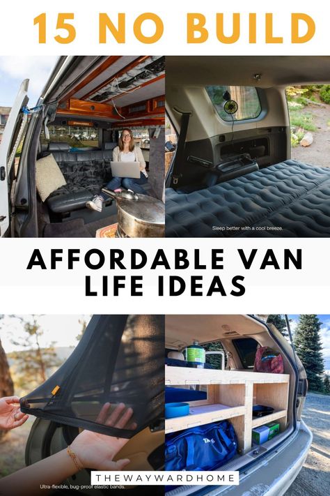 a collage of four campervan interiors that are simple and easy Camper Van Garage Ideas, Basic Camper Van, Cheap Camper Van Conversion, No Build Van Build, Diy Van Conversion Cheap, No Build Van Conversion, Simple Camper Van, No Build Minivan Camper, Small Van Life Interior