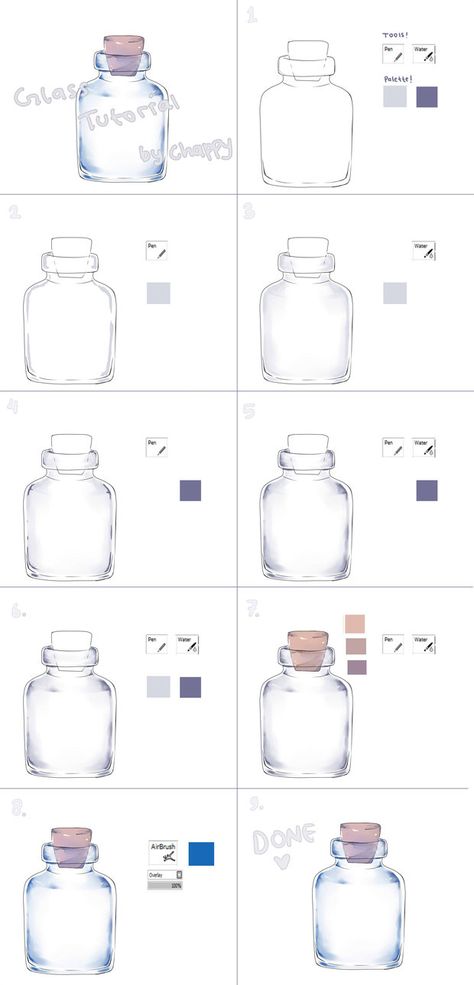 Glass Bottle Shading Drawing, Transparent Glass Drawing, Coloring Glasses Digital, Painting Glass Digital Art, Digital Art Glass Tutorial, Draw Glass Tutorial, Drink Drawing Tutorial, Glasses Tutorial Digital, Glass Coloring Tutorial