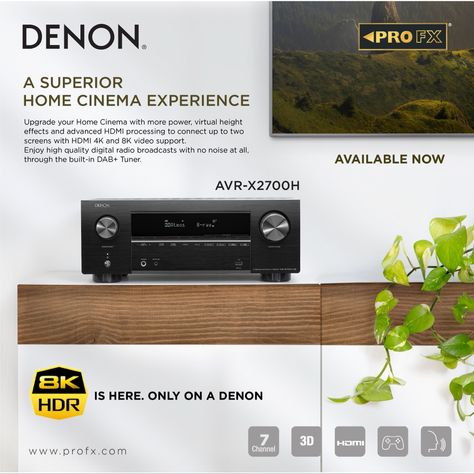 Upgrade your home theater with the Denon AVR-X2700H. 7.2ch 8K AV receiver with 95W per channel fully supports 3D audio formats as well as the latest HDMI specifications such as 8K/60Hz, 4K/120Hz pass-through, HDR10+, Dynamic HDR, ALLM and more. #denon #AVR #avrx2700h #8k #3daudio #profx Home Cinema Speakers, Denon Avr, 3d Audio, Cinema Experience, Digital Radio, Hi End, Upgrade Your Home, Home Cinemas, Sound System