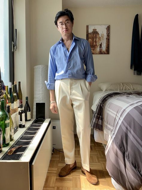 Blue And Beige Outfit Men, Long Sleeves Outfit Men, Light Blue Long Sleeve Shirt, Beige Dress Pants, Uniqlo Outfit, Brown Pants Men, Loafers Men Outfit, Dress Pants Outfits, Men Fashion Photoshoot