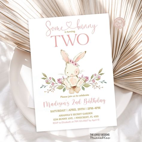 "MATCHING ITEMS, here: https://www.etsy.com/shop/TheLovelyDesigns?ref=seller-platform-mcnav&search_query=SBF7 BUNNY INVITATION EDITABLE TEMPLATE WITH CORJL.COM * Please read the listing description below before placing your order. ★★ TRY BEFORE YOU BUY ★★ \"Demo this item NOW! Copy and paste the following URL into your browser to try out your free demo. https://www.corjl.com/d/1E1HPE ♥ INSTANT ACCESS - No waiting - you'll have access to your item right after purchasing! This listing is for an Editable digital Invitation. Please note this is a DIGITAL PRODUCT - nothing will be physically shipped to you. ★★ INCLUDED WITH YOUR PURCHASE ★★ * 5x7\" Editable digital Invitation * 5\"x7\" Printable digital Backside Design * PDF with detailed instructions You CAN change: Name, age, party details. Some Bunny Is Turning Two, Bunny Birthday Theme, Bunny Invitations, Spring Rabbit, Rabbit Birthday, 2nd Birthday Invitations, Bunny Birthday, Invitation Pink, 2 Birthday