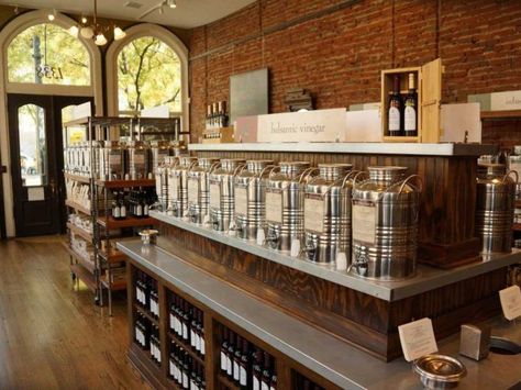 EVOO Marketplace Store Retail Design, Olive Oil Store, Well Ideas, Eco Store, Eco Packaging, Retail Shelving, Olive Oil And Vinegar, Wooden Pallet Projects, Olive Oil Bottles