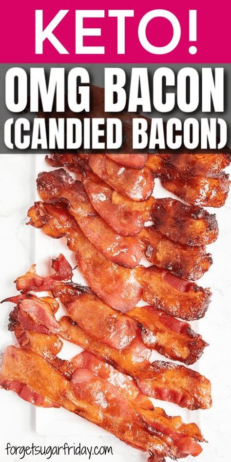 Keto CANDIED Bacon!! Yum! I've actually nicknamed this keto bacon recipe "OMG Bacon" because "OMG!" is the first thing you're going to say after you try a slice! It is SO good and is a serious upgrade on regular bacon. Serve it as a keto breakfast recipe, keto lunch recipe, keto dinner recipe, keto snack recipe. OR keto dessert recipe! No joke, it's really that versatile. You'll never want bacon again after you give this easy keto recipe a try! #ketogenic #ketorecipe #bacon #baconrecipe Candied Bacon Recipe, Keto Brunch, Keto Dinner Recipe, Keto Bacon, Comidas Keto, Keto Candy, Bacon Recipe, Keto Snack, Candied Bacon