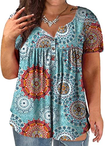 VOGRACE Plus-Size Tops for Women Summer Henley Shirts Flowy Tunics at Amazon Women’s Clothing store Plus Size T Shirts For Women, Plus Size Summer Blouses, Light Blue Tops For Women, Plus Size Tops For Women Blouses, Plus Size Tops For Women Casual, Fashion Tops Blouse Plus Size, Plus Size Tunics For Women, Tops For Plus Size Women, Jeans Casual Outfit