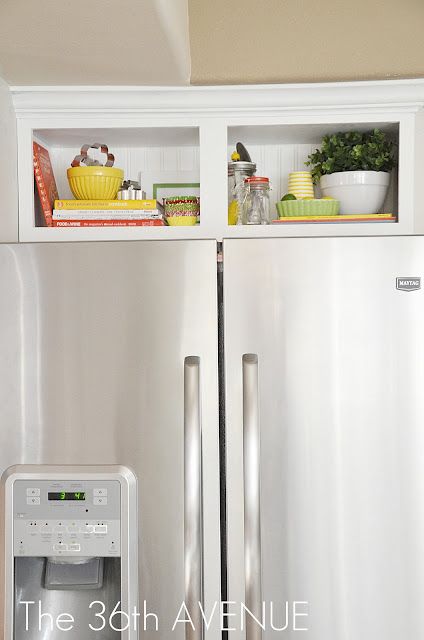 What a fabulous idea for that little cabinet above the fridge that's too high to really conveniently store any thing!  Love it! Kitchen Accent Cabinet, Above Refrigerator, Over The Fridge, Above Fridge, Above The Fridge, Fridge Cabinet, Open Cabinets, Cabinet Ideas, Accent Cabinet