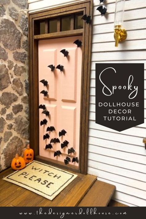 dollhouse front porch decorated for Halloween Dollhouse Front Porch, Spooky Dollhouse, Dollhouse Door, Dollhouse Halloween, Living In Florida, Halloween Front Doors, Dollhouse Tutorials, Haunted Dollhouse, Doll House Ideas