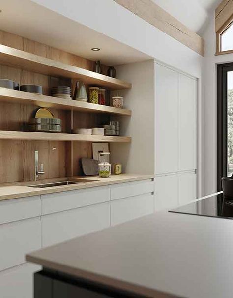 Add depth to your kitchen cabinets with some open shelving. Pictured Roma kitchen range in Scots Grey with Mayfield Oak block end open shelving by Sigma 3 Kitchens. Contemporary Wood Kitchen, Flat Panel Kitchen Cabinets, Handleless Kitchen Cabinets, Open Kitchen Shelving, German Kitchen Design, Kitchens Uk, Kitchen Shelving, Fitted Kitchens, Handleless Kitchen