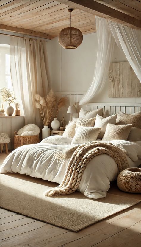 Beige Natural Bedroom, Calm Earthy Aesthetic, Neutral Tones Bedroom Cozy, Cozy Organic Bedroom, White And Natural Wood Bedroom, White Boho Room, Earthy Bedroom Bohemian, Aesthetic Beige Room, Windowless Bedroom Ideas