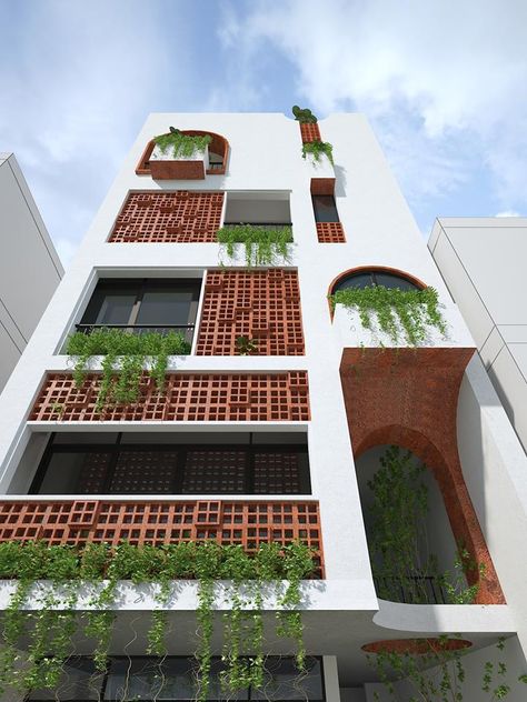 Jali Facade Design, Statue Design, 3 Storey House Design, Narrow House Designs, Home Designs Exterior, House Outer Design, Facade Architecture Design, Residential Building Design, Modern House Facades