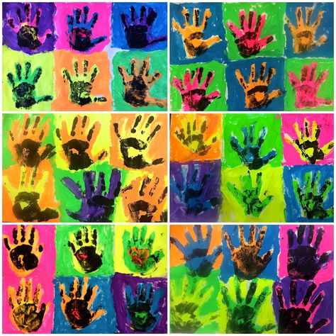 Kindergarten Andy Warhol Pop Art Hands Kindy Art, Pop Art Hands, Meet The Masters Art Projects, Andy Warhol Pop Art Projects, Andy Warhol Preschool Art, Andy Warhol Art Projects For Kids, Andy Warhol Kindergarten Art, Andy Warhol Pop Art For Kids, Pop Art For Kids