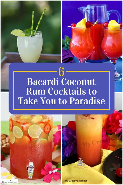 Collage of 4 bacardi coconut rum cocktails. Coconut Rum Cocktails, Bacardi Añejo, Bacardi Drinks, Beach Day With Friends, Coconut Rum Drinks, Bacardi Cocktail, Bbq Drinks, Rum Drinks Recipes, Fruity Alcohol Drinks