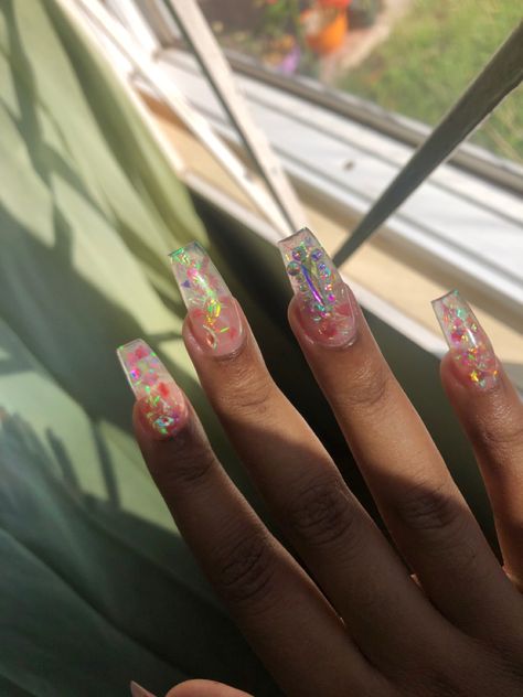 Clear Encapsulated Nails, Flower Encapsulated Nails, Clear Flower Nails, Short Encapsulated Nails, Clear Acrylic Nails With Design, Encapsulated Nails Flowers, Encapsulated Nails, Clear Acrylic Nails, Dope Nails