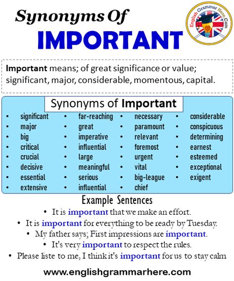 Synonyms Of Important, Important Synonyms Words List, Meaning and Example Sentences Important means; of great significance or value; significant, major, considerable, momentous, capital. Synonyms of Important; significant major big critical crucial decisive essential extensive far-reaching great imperative influential large meaningful serious influential necessary paramount relevant foremost urgent vital big-league chief considerable conspicuous determining earnest esteemed exceptional exigent Smart Synonyms, C1 Vocabulary, Important Synonyms, Synonyms Words, Compliment Words, Words List, Essay Tips, Essay Writing Skills, Descriptive Words