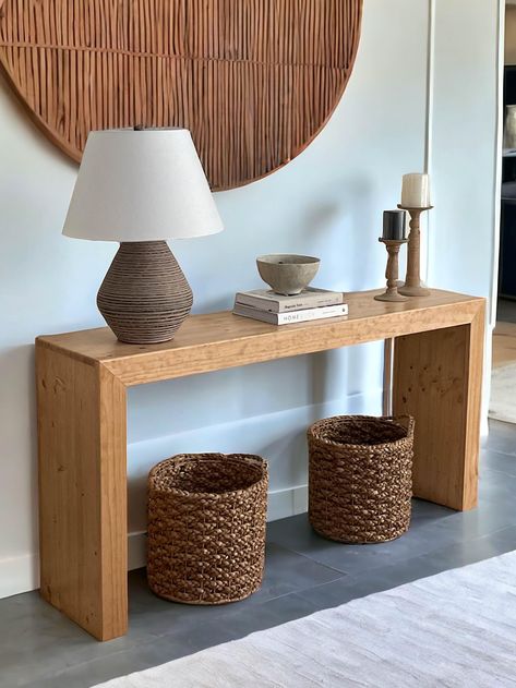 Our economy console table is framed with solid wood, stained and then finished with a sealing urethane. The entire look, same great Eleven Southend quality and now at a more wallet friendly price! - Standard Lengths 48"- 72" - Depth - 13.5" - Height - 30" - Solid framed wood construction - Each piece sealed from moisture - 4 colors to choose from - Assembly required. Tools included.  SHIPPING - PLEASE READ Free shipping is only eligible to the lower 48 states and DOES NOT include Alaska and Hawa Waterfall Console Table, Entryway Sofa, Waterfall Console, Table For Entryway, Sofa Table Design, Small Console Table, Console Table Styling, Black Console Table, Console Table Design