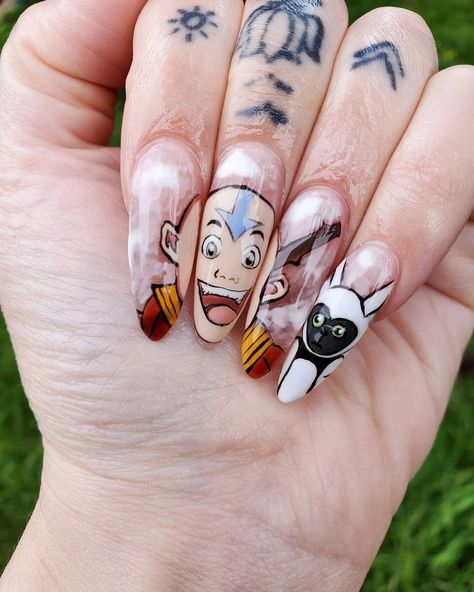 I do Nails💅 on Instagram: “Hand painted Avatar: The Last Airbender nails! Swipe to see my inspiration picture 🥰💅 #avatarthelastairbender #avatarnails…” Avatar The Last Airbender Nail Art, Avatar Nails Art, Avatar The Last Airbender Nails, Avatar Nails, Character Nails, Character Design Art, Avatar Ang, Nail Decor, Anime Nails