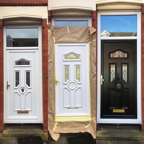 White uPVC Door Sprayed Black Painted Upvc Front Door, Painted Upvc Door, Pvc Front Doors, Energy Saving House, Front Door Furniture, Painted Exterior Doors, Upvc Front Door, Upvc Door, House Colour