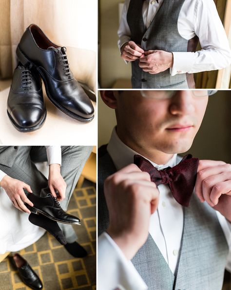 Groom details, dress shoes, bowtie, groom getting ready Groom Summer Wedding, Groomsmen Wedding Photos, Groomsmen Photography, Groomsmen Getting Ready, Groom Details, Groom Photoshoot, Urban Wedding Venue, Groomsmen Photos, Groom Pictures