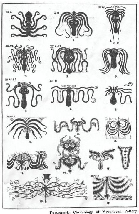 Squid motifs from Minoan and Mykenaean pottery. Ancient Greek Relief, Mycenaean Pottery, Pottery Motifs, Pottery Tattoo, Bronze Age Civilization, 42 Tattoo, Minoan Art, Ancient Greek Pottery, History Tattoos