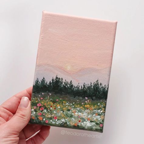 Spring = more colors 🌸⁠ ⁠ I couldn't resist painting a mini landscape with the vibrant colors of this season🌷⁠Swipe to see more photos and let me know what you think🌷🤗⁠ ⁠ the original painting is available for purchase on Etsy ✨ ⁠ ⁠ and in case you want to watch the steps of painting this mini landscape, there's a video on my YT channel ✨ link in my bio⁠ .⁠ .⁠ .⁠ .⁠ #minicanvas #minicanvaspainting #acrylicpaintingartist #acrylicpaintings #artistsonig #artstudio #artstudiolife #minipainting ... Paintings For Small Canvas, Cute Paintings Acrylic, Tiny Things To Paint, Easy Tiny Paintings, Easy Spring Painting Ideas On Canvas, Impressionist Paintings Easy, Paintings On Small Canvas, Mini Flower Paintings, Tiny Paintings Simple