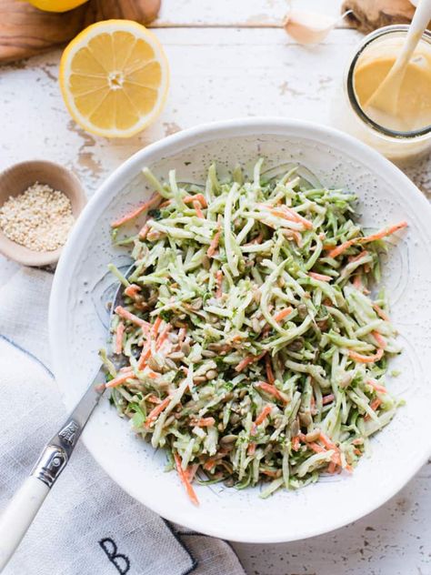 Broccoli Slaw with Garlic Tahini Dressing is the perfect side for grill season and it's picnic-friendly! This #mayofree #recipe makes it great for potlucks and #vegan, too. Keto Cole Slaw, Coleslaw Keto, Keto Coleslaw, Slaw Dressing, Vegan Coleslaw, Coleslaw Salad, Broccoli Slaw, Tahini Dressing, Coleslaw Recipe