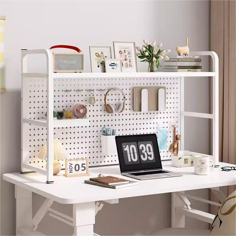 PRICES MAY VARY. Efficient Organization: Say goodbye to a cluttered desk with this convenient desktop bookshelf. It provides ample storage for your printer, scanner, books, office supplies, and more, helping you stay organized and efficient. Sturdy and Durables: This desk hutch is made of high-quality steel construction with an H-layer support structure for durability and strong load-bearing capacity. Humanized design: rounded corners to prevents daily life collision scratches. Footpad design: E Small Desk Cabinet, Round Corner Desk, Ikea Desk Accessories, Desk For Kindergartener At Home, Over The Desk Shelves, Dorm Room Desk Setup Ideas, Dorm Room Desk Organization, 2 Person Room Ideas, Desktop Organization Ideas