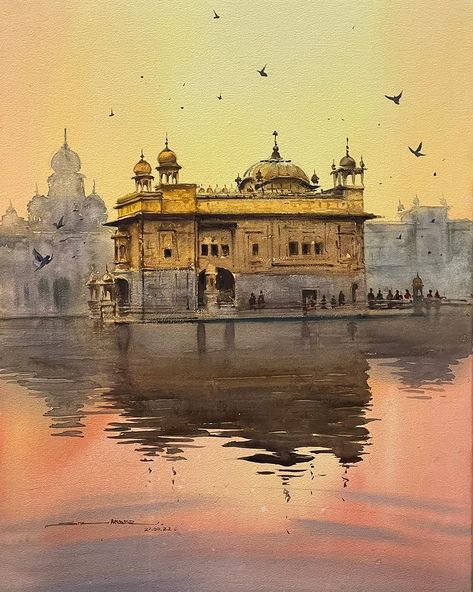 Online live class demo Watercolor on cold pressed paper 7x10inch 300gsm #landscape #artindia #sky #fineart #village #artistsikander #india… | sikander singh (@sikander_watercolor_artist) on Instagram Golden Temple Watercolor Painting, Watercolour Scenery Painting, Temple Watercolor Paintings, Indian Architecture Painting, Monuments Painting, Watercolour Scenery, Watercolor Scenery Painting, Watercolor Indian, Landscape Painting Watercolor