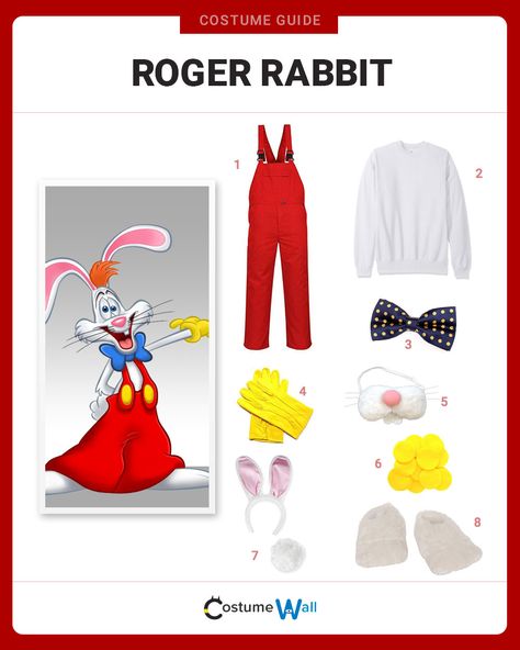 The best costume guide for dressing up like Roger Rabbit. Cosplay the famous animated rabbit from the Disney film, Who Framed Roger Rabbit. Roger Rabbit Cosplay, Who Framed Roger Rabbit Costume, Roger Rabbit And Jessica Costume Couple, Jessica Rabbit Couple Costume, Roger Rabbit And Jessica Costume, Rabbit Disneybound, Roger Rabbit Costume, Animated Rabbit, Jessica Rabbit Costume