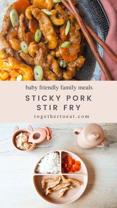 Sticky Pork Stir Fry Recipe. Baby  friendly family meals. Blw Meals, Baby Weaning Foods, Sticky Pork, Healthy Pork, Pork Stir Fry, Weaning Recipes, Stir Fry Sauce, Chilli Sauce, Stir Fry Recipes